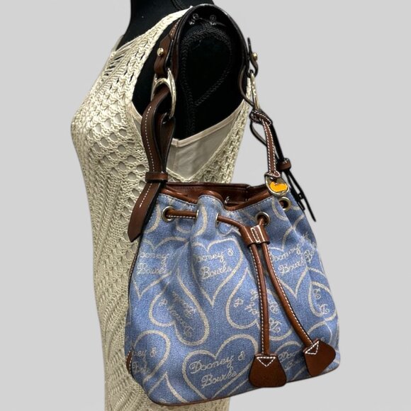 Dooney & Bourke Handbags - Vintage Dooney & Bourke Blue Denim Canvas Hearts Sig Drawstring Bucket Bag